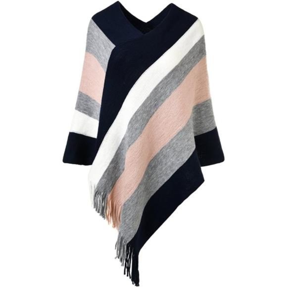 Women's Casual Striped Poncho Sweater Versatile Fringe Shawl Wrap - Picture 1 of 7